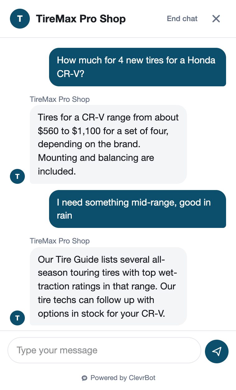 Chatbot for tire shops showing a pricing and availability conversation