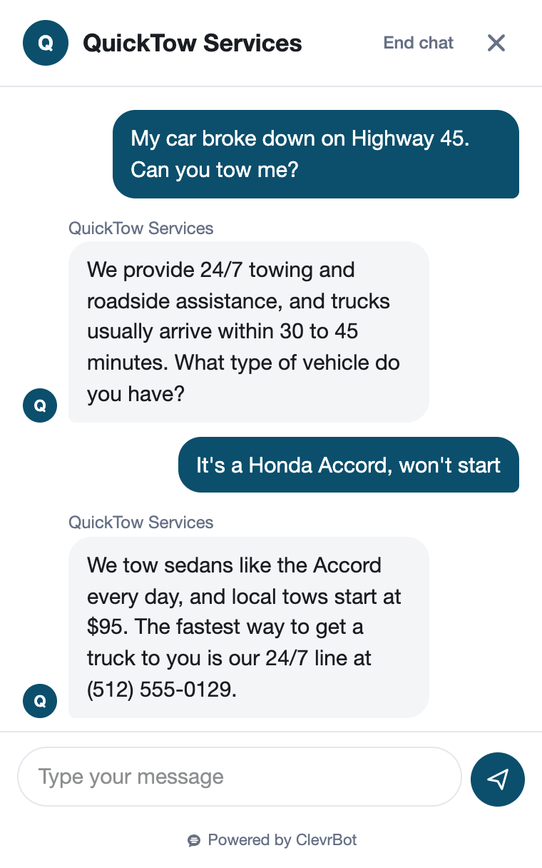 Chatbot for towing showing a roadside assistance conversation