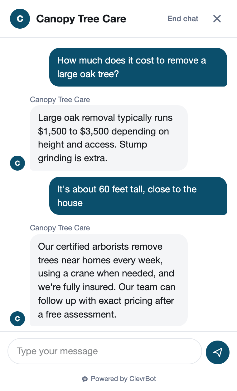 Chatbot for tree service showing a removal estimate conversation