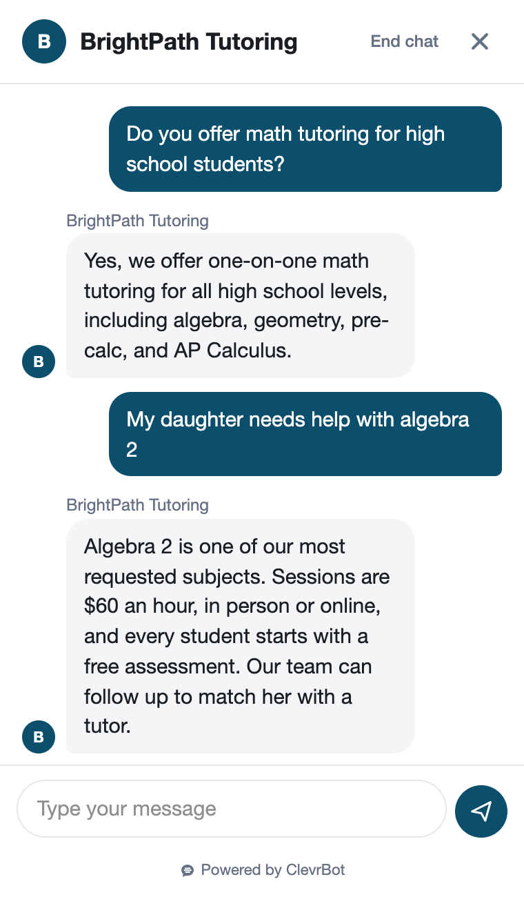 Chatbot for tutoring showing a program inquiry conversation