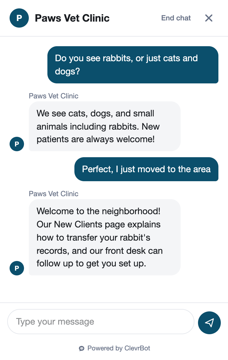 Chatbot for veterinary clinics showing a new client qualification conversation