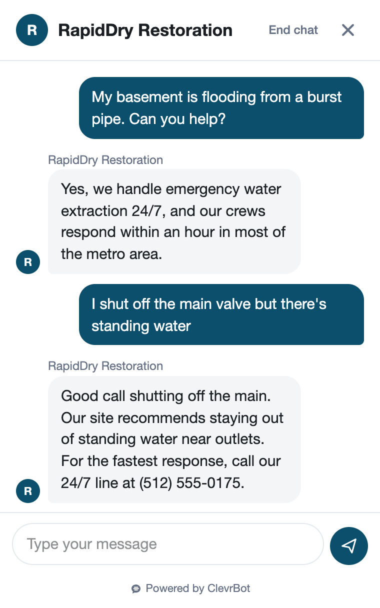 Chatbot for water damage restoration showing an emergency response conversation