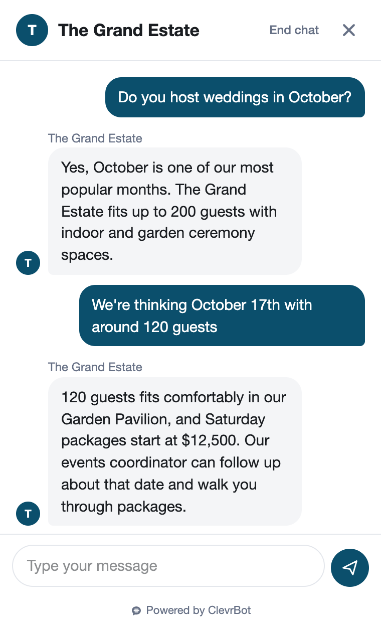 Chatbot for wedding venues showing an availability conversation