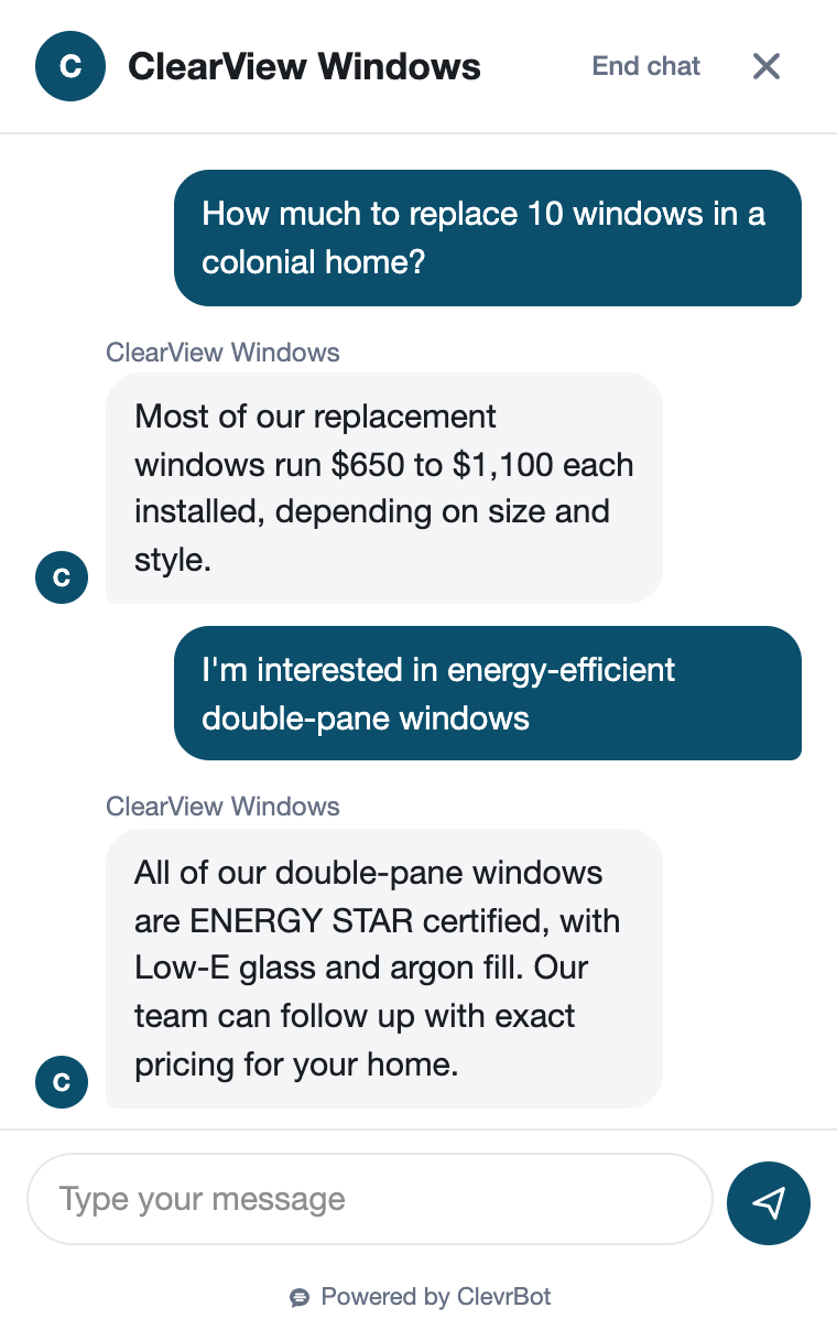 Chatbot for window installation showing an estimate request conversation