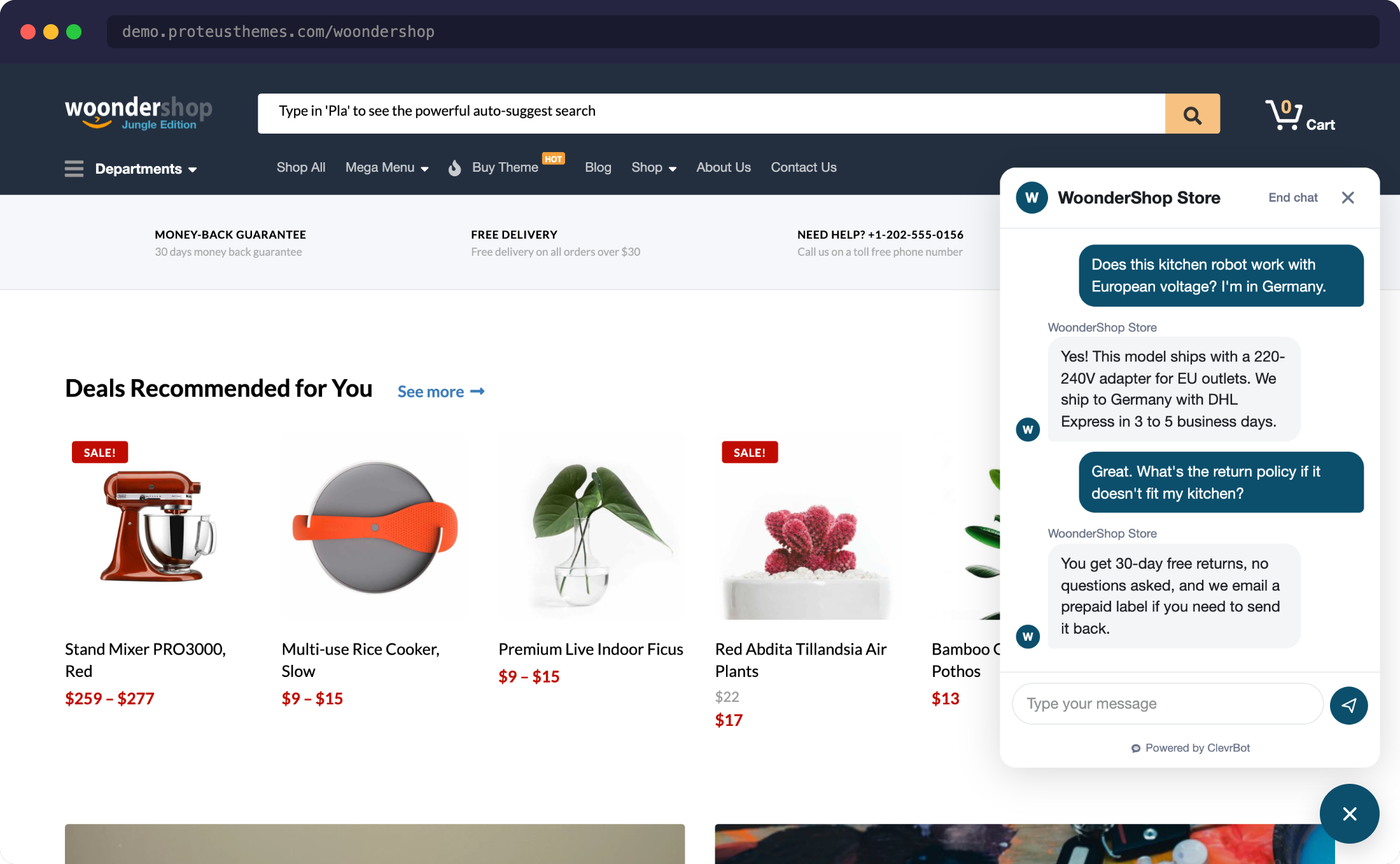 Chatbot for WoonderShop demo showing ClevrBot answering customer questions