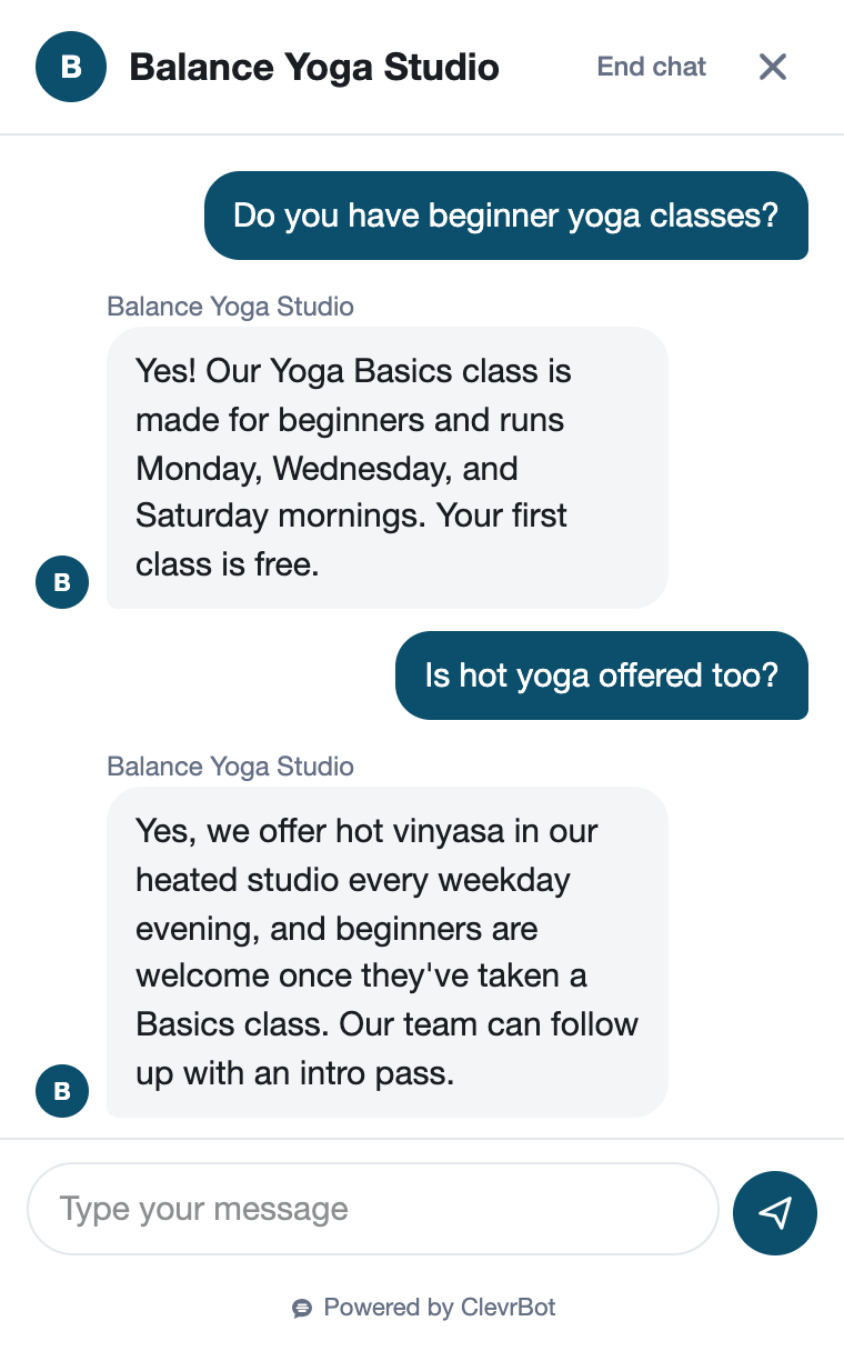 Chatbot for yoga studios showing a class inquiry conversation